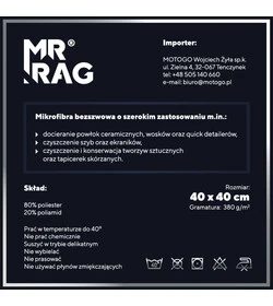 MR RAG 40x40cm GREY edgeless 380GSM mikrofibra szara bezszwowa
