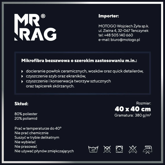 MR RAG 40x40cm GREY edgeless 380GSM mikrofibra szara bezszwowa